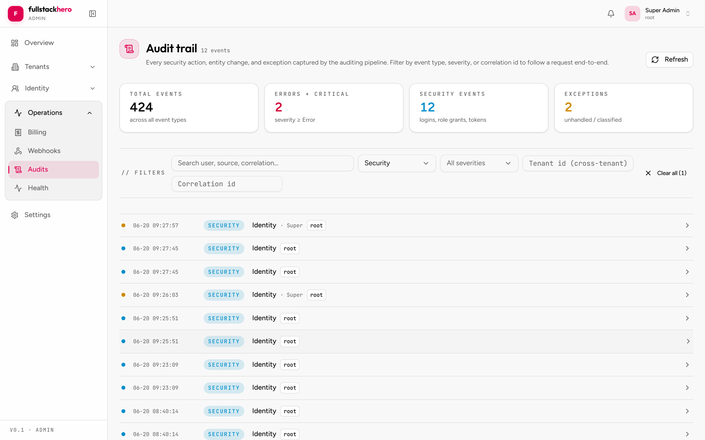 Audit log filtered to Security events