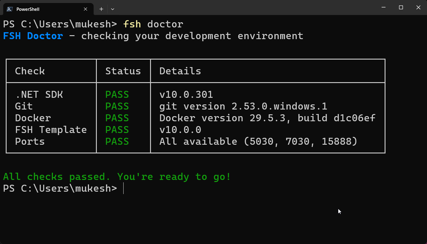 fsh doctor output checking the local environment